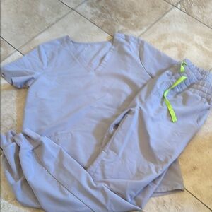 Light Gray Scrub Set with Neon Green Accents